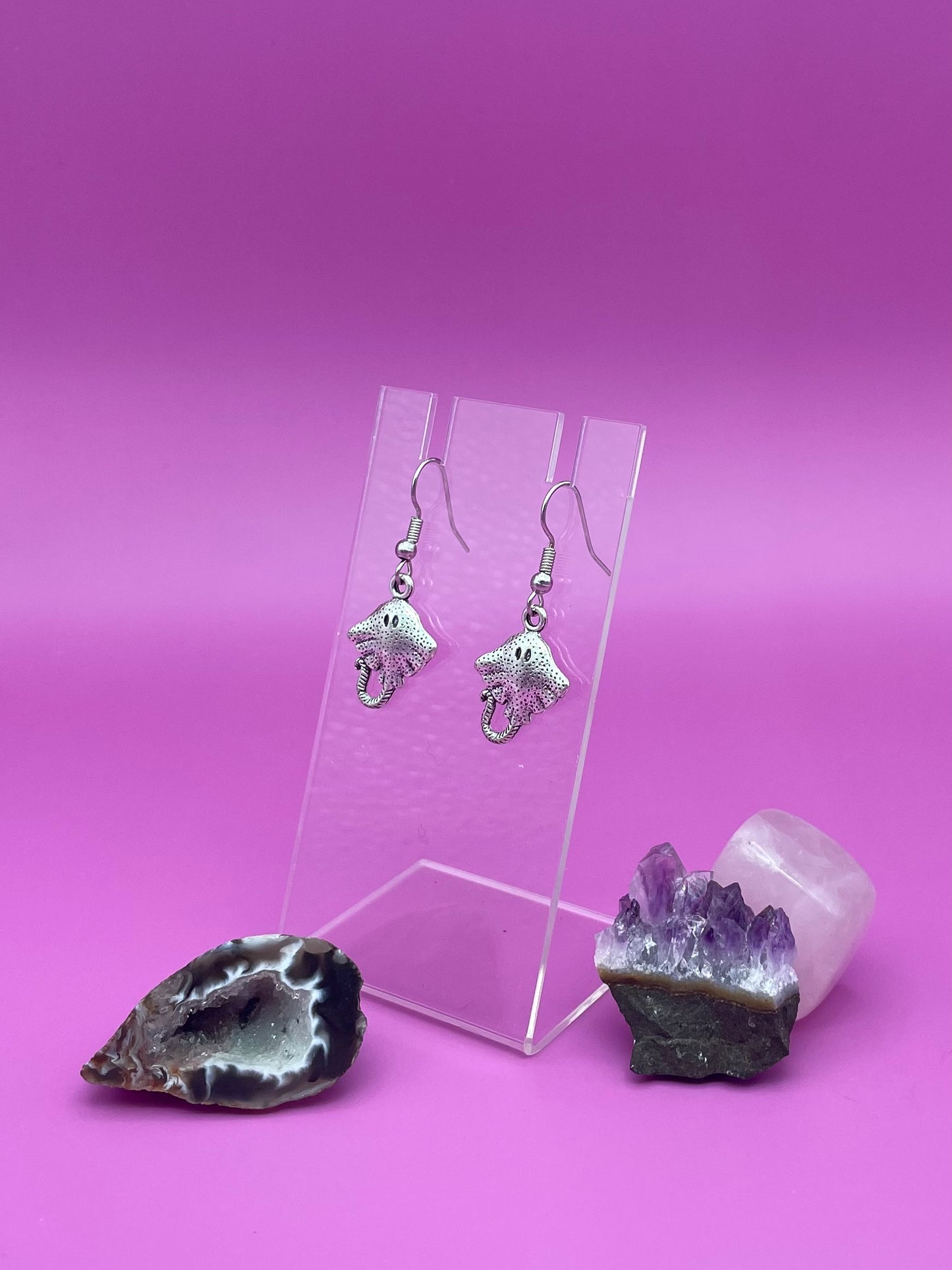 Silver stingray earrings on clear stand purple background