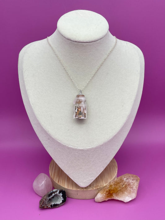 Self-love spell jar necklace topped with white and pink wax