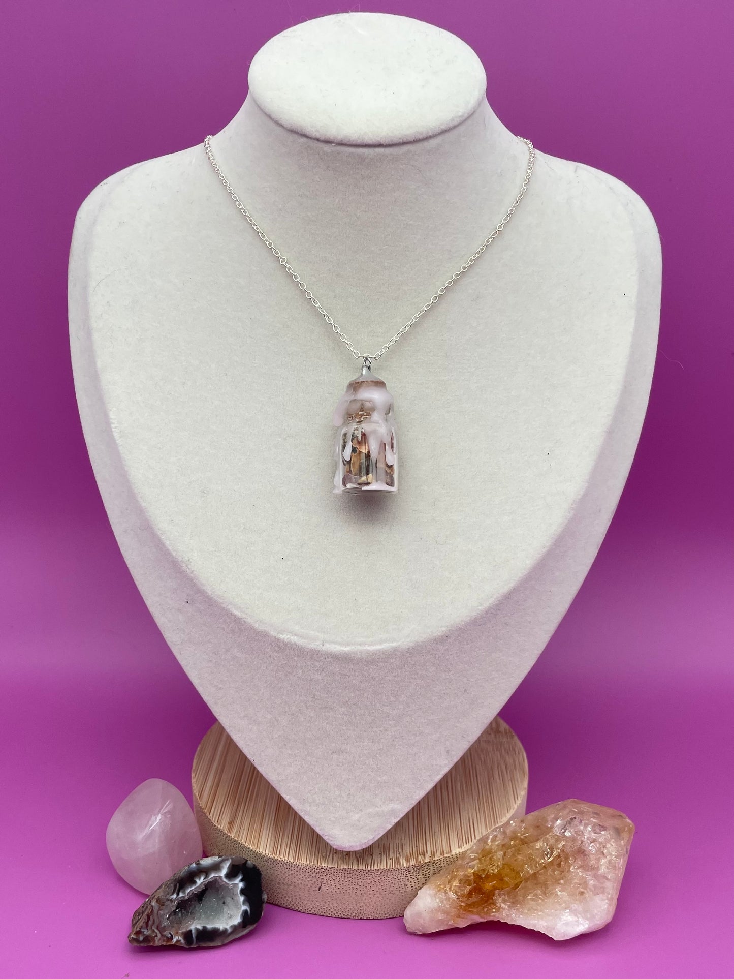 Self-love spell jar necklace topped with white and pink wax