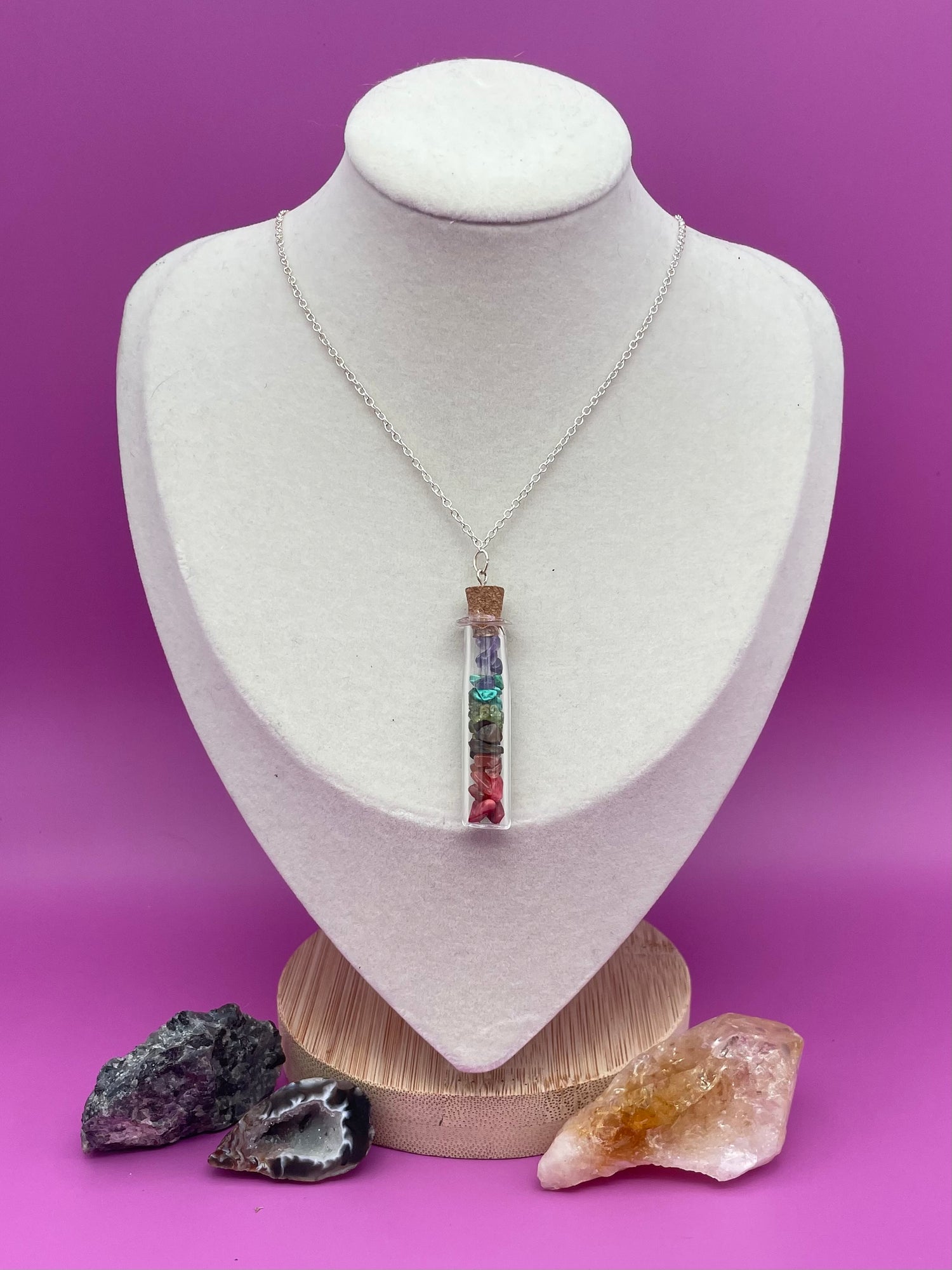 Rainbow crystal chips design in glass spell jar tube necklace 