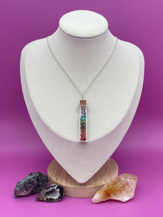 Rainbow crystal chips design in glass spell jar tube necklace 