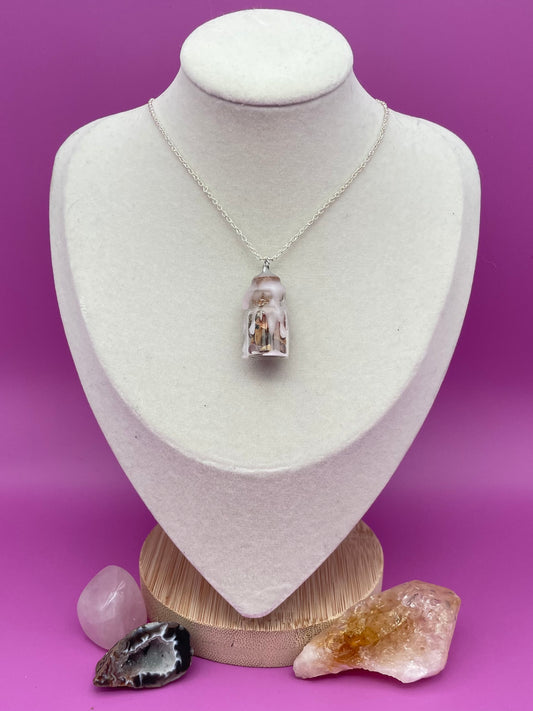 Self-love spell jar necklace topped with white and pink wax